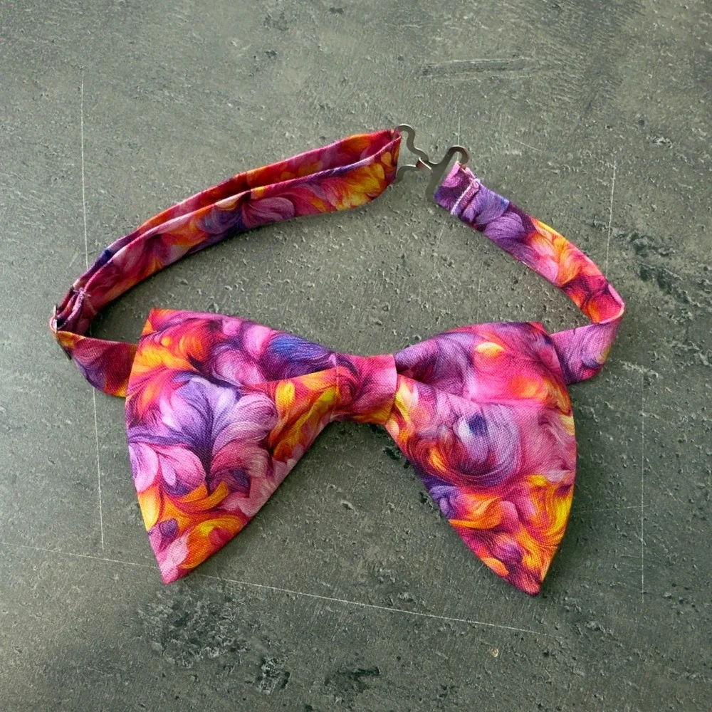 Abstract Floral Bow‎ Tie and Pocket Square Set Purple Pink Orange Formal